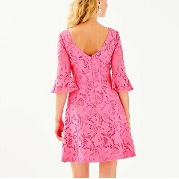 Lilly Pulitzer Allyson Dress Pink Lace Bell Sleeve Mini Dress New Sz 0 / Small - Picture 10 of 11